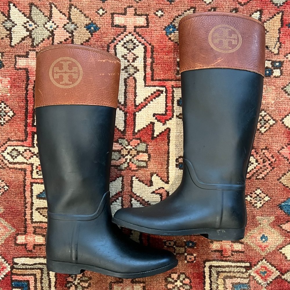Tory Burch Rubber and Leather Rain Boots